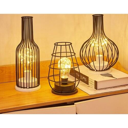 Retro Wrought Iron Table Lamp Wine Bottle Diamond Night Light Creative Hotel Home Decoration Table Lamp Night Light Rechargeable