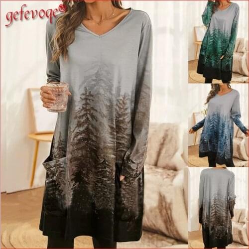 Autumn Clothes Women 2021Fashion Casual V-neck Long Sleeve Dresses Print Harajuku T-shirt Midi Dress Robe Femme Vestido De Mujer