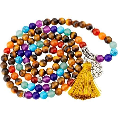 SUNYIK 6mm Tigers Eye Stone 7 Chakra 108 Mala Beads Prayer Stones Bracelet Necklace