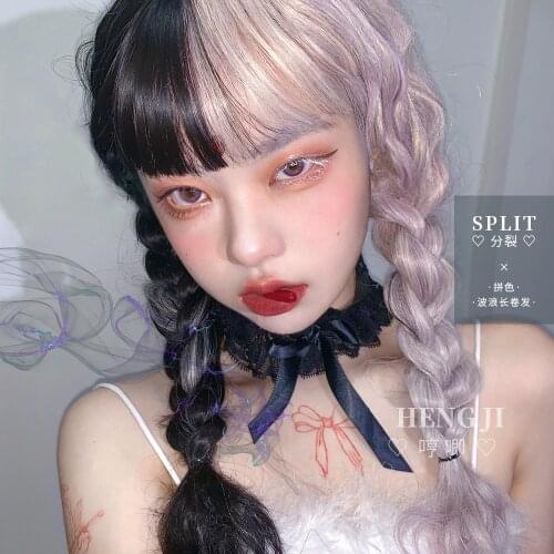 Heng Ji Lolita Wig Womens Long Hair Long Curly Hair Pink Color Air Bangs Repair Face Net Red Lo Fake Hair Lolita wig