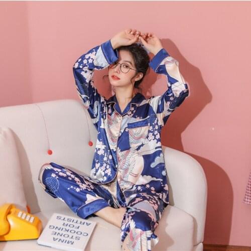 Red Spring Autumn New 2PCS Pajamas Suit Big Size Faux Silk Women Nightwear Chinese Style Print Home Wear Casual Sleepwear M-5XL