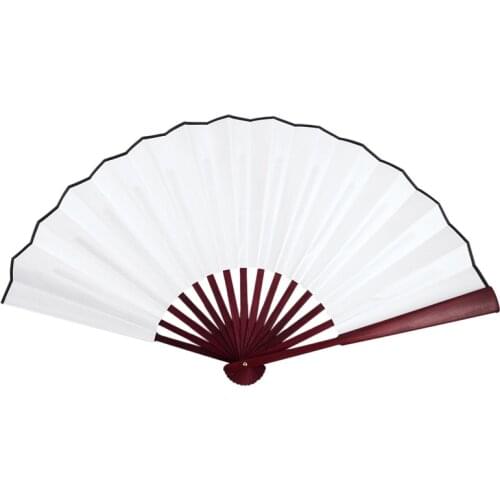 Men Women Wood Handle Fabric Folding Hand Fan 13-inch Length Whtie