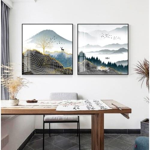 Modern Gold Deer Art Posters and Print Wall Art Canvas Painting Chinese Abstract Mountains Pictures for Living Room Home Decor