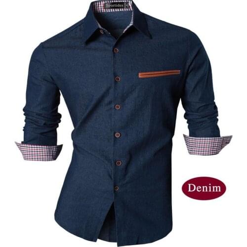 Sportrendy Vogue Mens Shirt Dress Casual Long Sleeve Slim Fit Fashion Shiny Stylish Denim Shirts JZS001 Navy