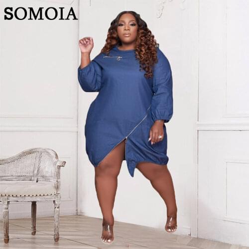 Plus Size Women Clothing Casual Streetwear Zipper Long Sleeve Dress Loose Crew Neck Denim Dresses Cowboy Dresses Wholesale Items