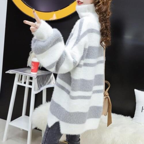 Womens Imitation Mink Wool Sweater Loose Thick Thick Turtleneck Pullover 2021 Wearing A Striped Bottoming Shirt