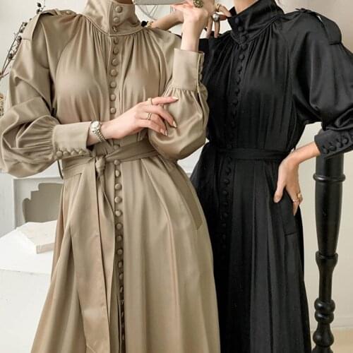 SuperAen French Solid Turtleneck Luster Single-breasted Strap Waist Lantern Sleeve Long Dress for Women