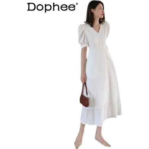 Women Puff Sleeve Dress Mori Style Fashion Simple Dress Female Summer V-neck Slimming Retro Gentle Style White First Love Dress
