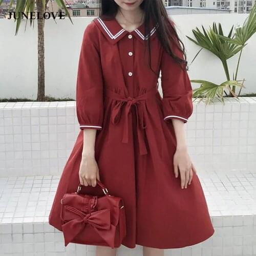JuneLove Spring Summer Women Vintage Princess Lolita Dress Student Sailor Collar Preppy Style Girls Cute Waist Bandage Dresses