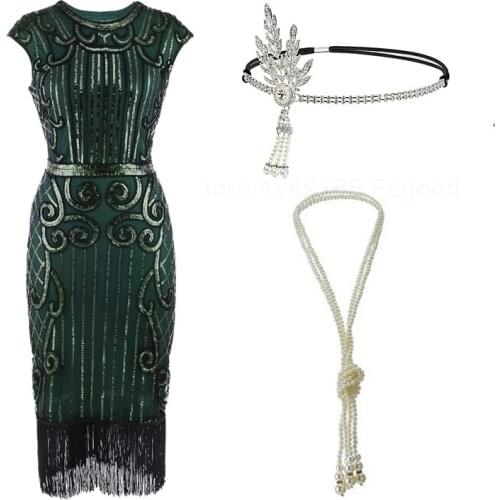 1920s Art Deco Fringed Sequin Beads Dress Flapper Gatsby Costume Dress for Women Accessories Set Womens Plus Size