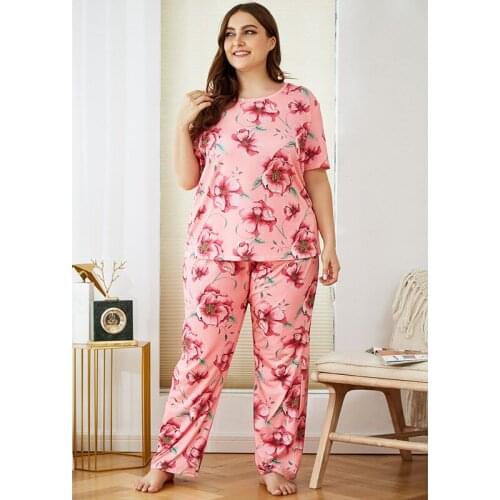 3XL 4XL Plus Size Women Summer Nice Flowers Printing Pajama Sets Trousers Cool Pajamas Soft Pyjamas Sleepwear Autumn Homewear