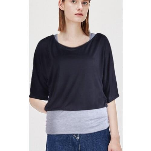 Skew Collar Color Block Black Grey Overlay Asymmetrical Tee Two Tone T Shirt Women Casual Tops Summer T-shirt
