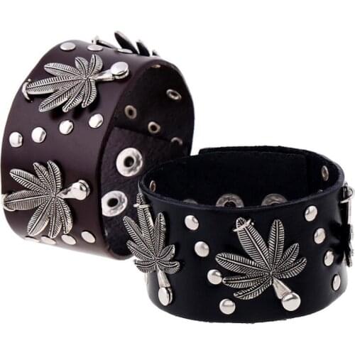 Fashion Punk Big Wide Bracelet Cuff Rock Gothic Alloy Maple Leaf Charm Biker Wristbands Men Women Vintage Bangle Leather Jewelry