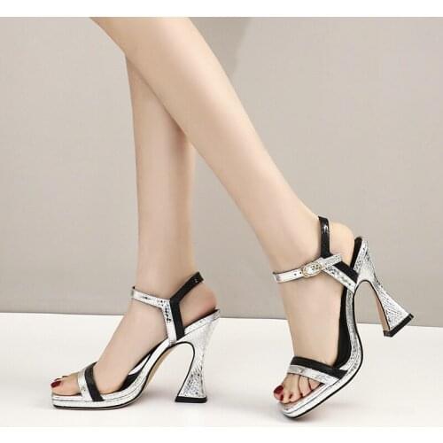 Silver Gold Microfiber Basic Women Sandals Fashion Hoof High Heel Open Toe Womens Shoes Buckle Dress Ladies High Heel Shoes