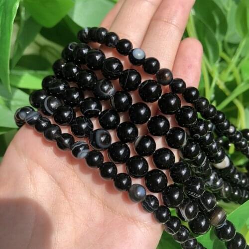 Natural Stone Striped Black Agate Beads Round Shape Loose Stone Beads For Jewelry DIY Making Bracelet Accessories 4 6 8 10 12mm