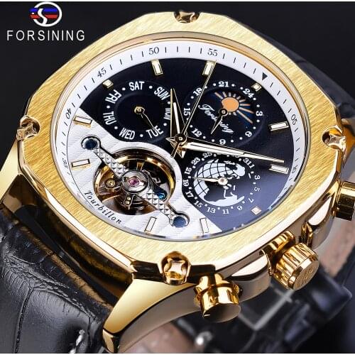 Forsining Man Watch Golden Case Clock Black Top Brand Luxury Automatic Mechanical Leather Strap Calendar Week Mechanical Watches