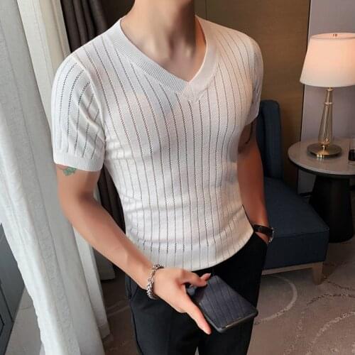 British Style Summer V Neck Solid Knitted T Shirts Men Short Sleeve Breathable Ice Silk Slim Fit Casual Tee Shirt Homme 3XL-M