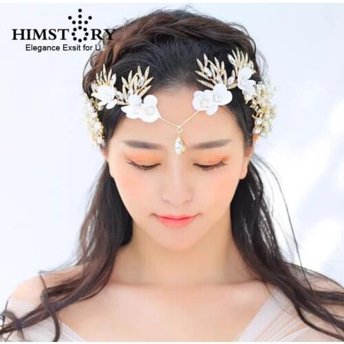 HIMSTORY Gorgeous Handmade Headband Crystal Pearl Forehead Jewelry Hair Ornaments Silk Flower Bridal Crown Wedding Accessori