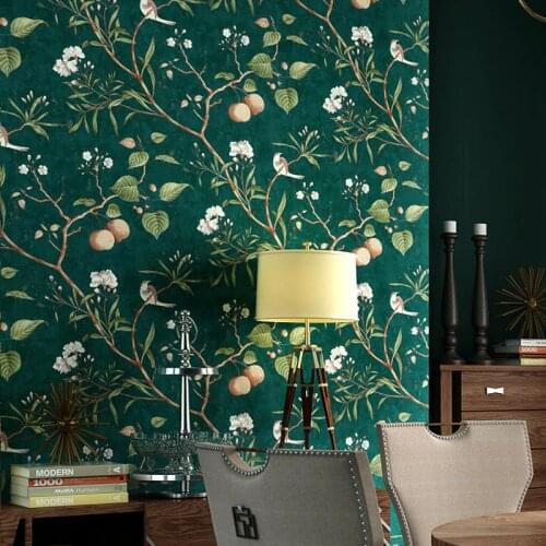 American country wallpaper rural style retro nostalgia living room bedroom dark green flowers and birds TV background wall paper