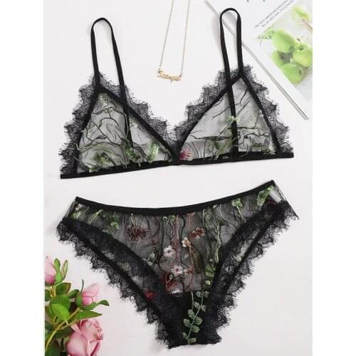 Hot Sale Fashion bra set Womens sexy Embroidery lingerie Wire free transparent lingerie Embroidered Mesh Sheer Lingerie Set