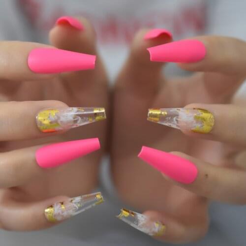 Matte Ballerina Fake Nail Super Long Designs Faux Ongles Cloud Frost False Nails With Gold Foil Flakes Decorative Nail Art Tips