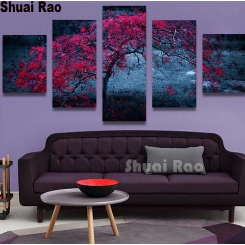 Multi-pictures Diamond Painting 5 Panel Red Tree Landscape Full round square Diamond Mosaic Embroidery Cross Stitch home art