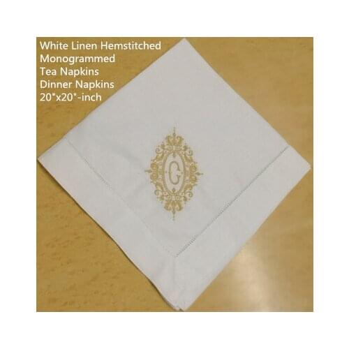 Set of 12 Fshion Monogrammed Dinner Napkins White linen Hemstitch Table Napkins 20"x20"Ladder Embroidered Initial C Tea Napkins