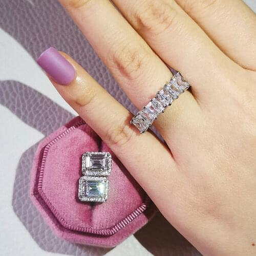 925 Sterling Silver Jewelry Set Halo Engagement Ring Round Stud Earring for Wedding Valentines Day Gift Valentines Day J6036