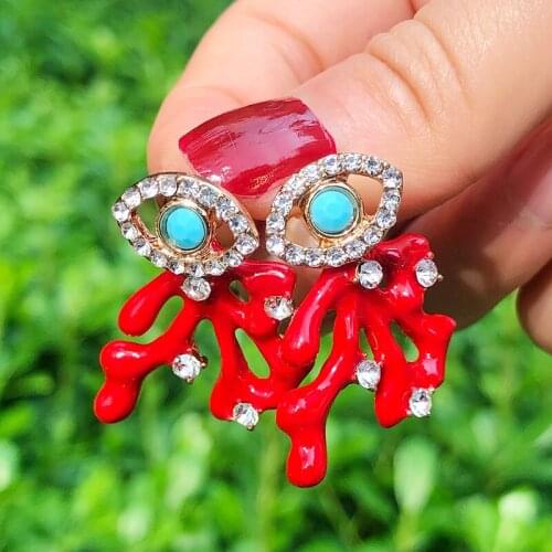 SAY Geometric Alloy Evil Eyes Inlaid Rhinestone Coral Stone Crystal Pendant Dangle Earrings Ladies Aretes Party Accessories