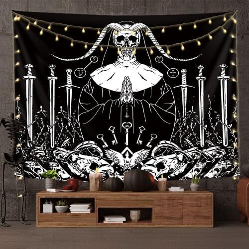 Night Starry Sky Tarot Skull Tapestry Wall Hanging Witchcraft Black Room Decor Carpet Psychic Hippie Tapiz Trippy Home Decoratio