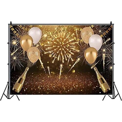 New Year Backdrop Golden Balloon and Fireworks Party Photography Background Holiday Celebration Decor Photo Booth Studio Prop