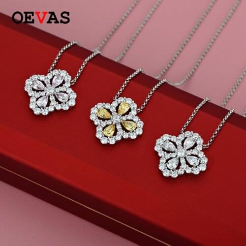 OEVAS 100% 925 Sterling Silver Sparkling Pink Yellow Zircon High Carbon Diamond Four Leaf Clover Pendant Necklace Fine Jewelry