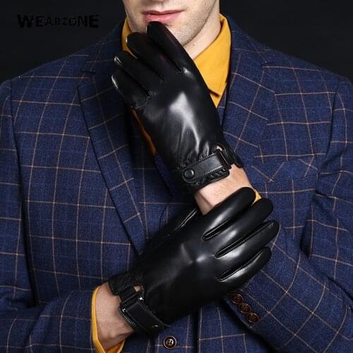 New Winter Mens Genuine Leather Gloves Sheepskin Black Touch Screen Gloves Button Fashion Brand Warm Mittens