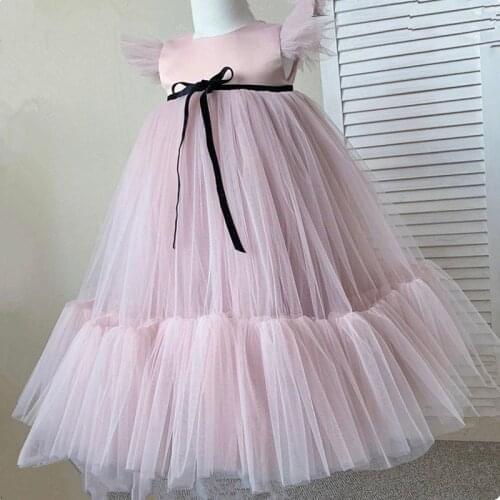 Puffy Layers Pink Flower Girl Dresses Satin Bow Kids Princess Dress Bow Shoulder Kids First Communion Dresses Birthday New Year