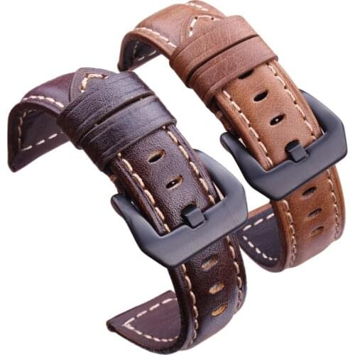 Handmade Retro Genuine Leather Watchbands Strap 22mm 24mm Dark Brown Watch Band Belt With Silver Stainless Steel Buckles For PAN