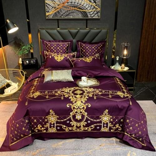 Luxury Purple 1000TC Satin Egyptian Cotton Gold Embroidery Bedding set Soft Silky Duvet Cover Bed Linen/sheet Pillowcases 4/6Pcs