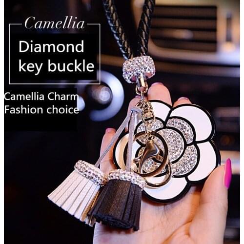Luxurious crystal Keychain Camellia Short Tassels Car Key Ring Inlaid Rhinestone PU Rope Key Camellia Style Key Chain Pendant