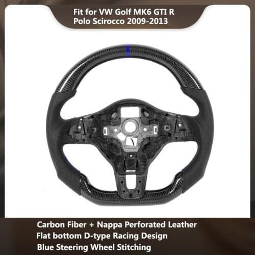 Fit for VW Golf MK6 GTI R Polo Scirocco 2009-2013 Carbon Fiber Steering Wheel Nappa Perforated Leather Blue Stitching
