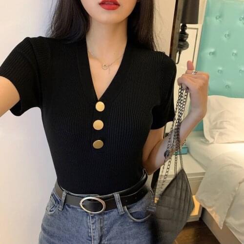 Tops Women Summer 2021 Office Lady V-Neck Single Breasted Korean Fashion White Short Sleeve Knitted Womens Tshirt Ropa Mujer