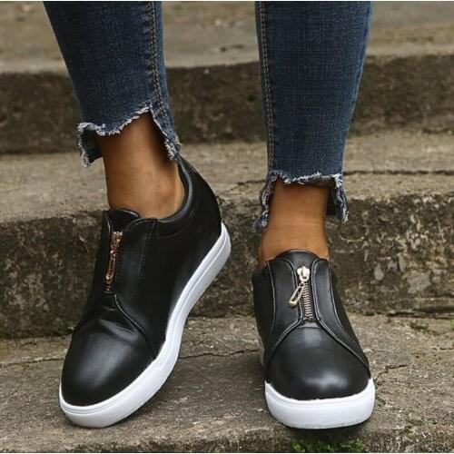 Spring Autumn Shoes Women Crystal Slip On Flat Loafers Zipper leather Ladies Glitter Platform Fashion Female Shoe 35-43