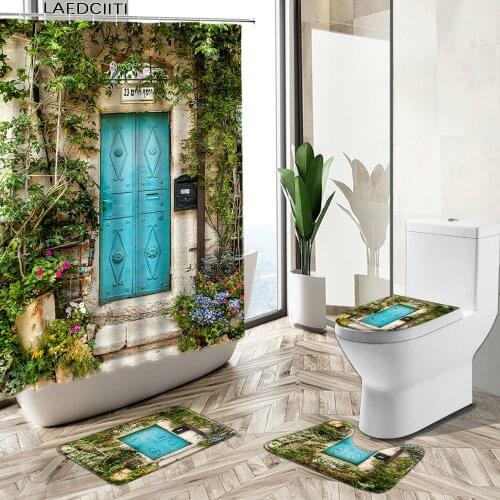 Country Plant Flower Scenery Shower Curtain Retro Stone Brick Wall Door Bathroom Decor Non-Slip Carpet Toilet Cover Foot Mat Set
