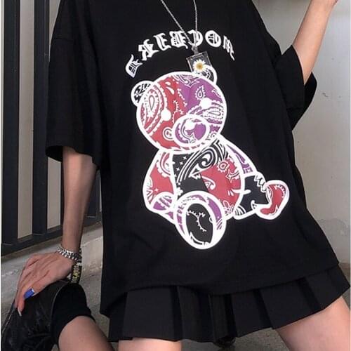 Goth Dark Vintage Punk Anime Cartoon Print Clothes Korean Style Short Sleeve Streetwear Plus Size Dropshipping Y2K Cotton Tops