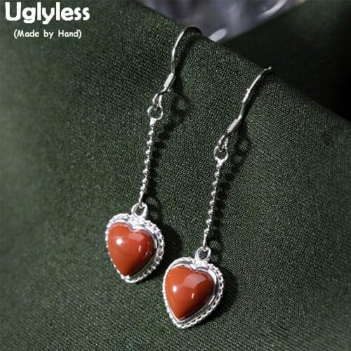 Uglyless Sweet Heart-shape LOVE Earrings for Women Natural Agate Dangle Earrings Real 925 Sterling Silver Brincos Jewelry E1403