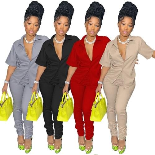 2 Piece Sets Womens Outfits Fashion Turn Down Collar Solid Color Blouse Street Wear Tight Pants Casual Summer Clothing Custom