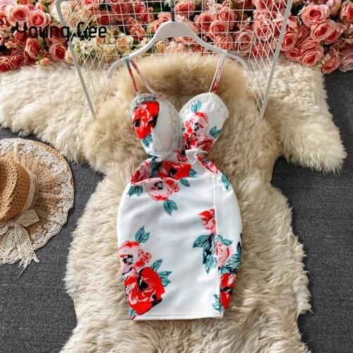 Young Gee Summer Basic casual bodycon women short dress Strapless collar sexy pencil elegant flower print mini club wear dresses