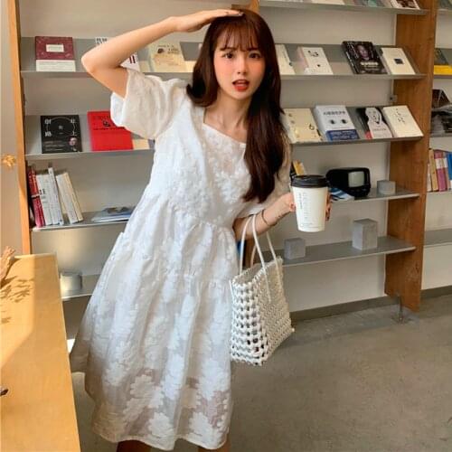 Womens Summer Korean-Style Sweet Square Collar Flower A- line High Waist Slim Lace-up Backless Short Sleeve Bubble lolita Dress