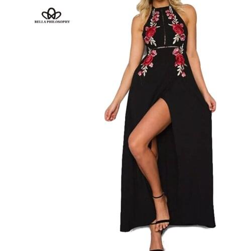 Bella Philosophy 2018 spring and summer new embroidery hollow back with dew side of the split-length black navy blue dress S -L