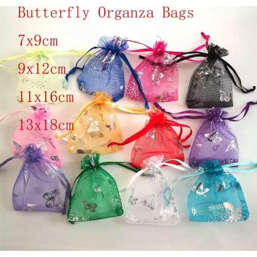 100pcs/Lot Butterfly Organza Jewelry Bags Drawstring Pouch Gift Bags Candy Packaging Bags Christmas Jewelry Display Bags