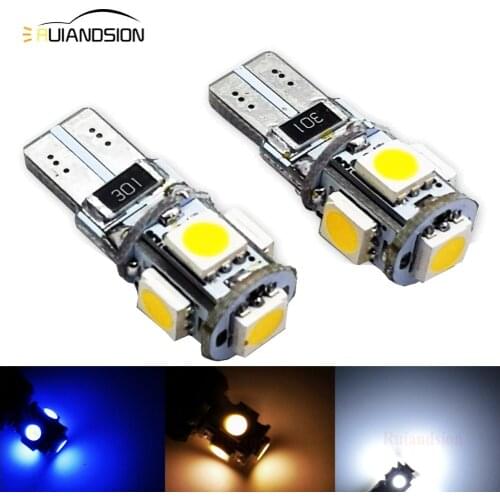 2pcs/lot Warm White 4300K T10 W5W 5 SMD 5050 canbus LED Car Auto License Plate Wedge Side Lights Lamp Bulb 12V Yellow Blue