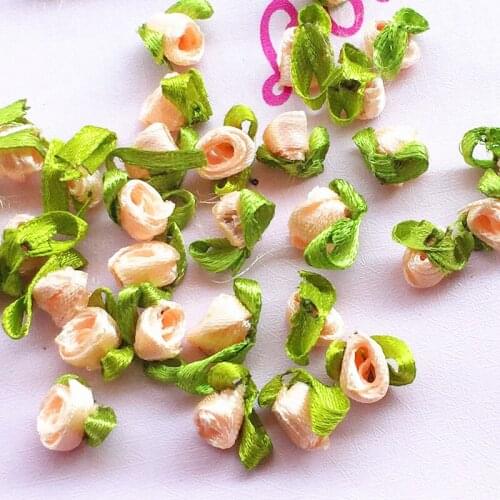 200 Pcs/pack Peach color Appliques Scrapbooking DIY Satin Ribbon Roses Flower Sewing Handmade Small Wedding Party Craft Decor